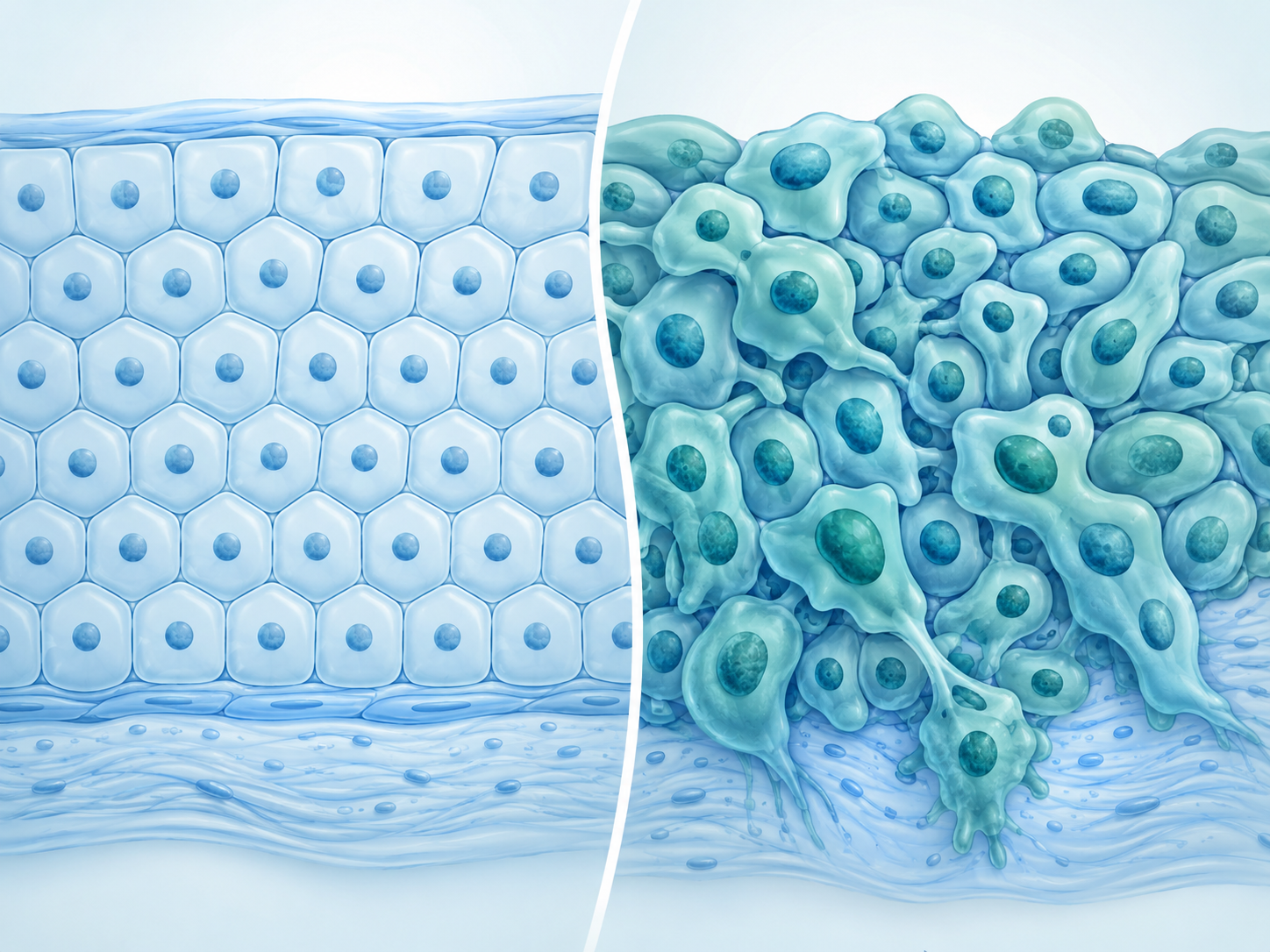 Educational illustration comparing normal cells and abnormal cancer cells