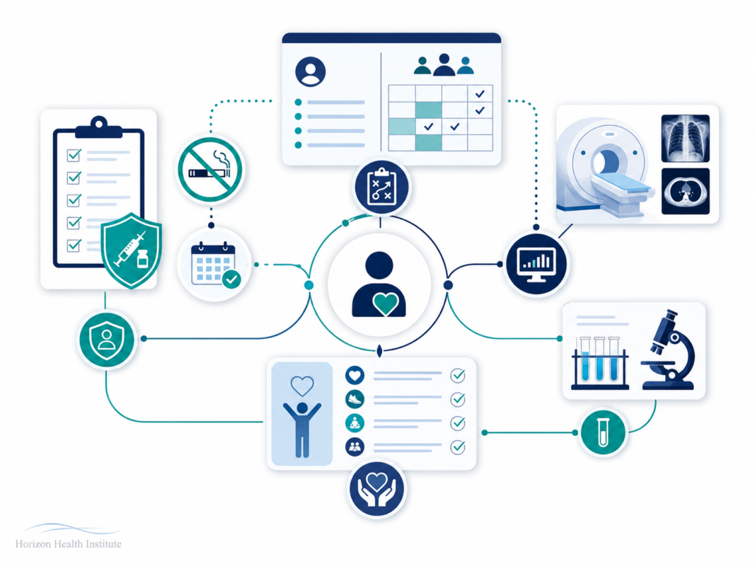 Medical illustration showing cancer prevention, treatment planning, and follow-up monitoring for adults.