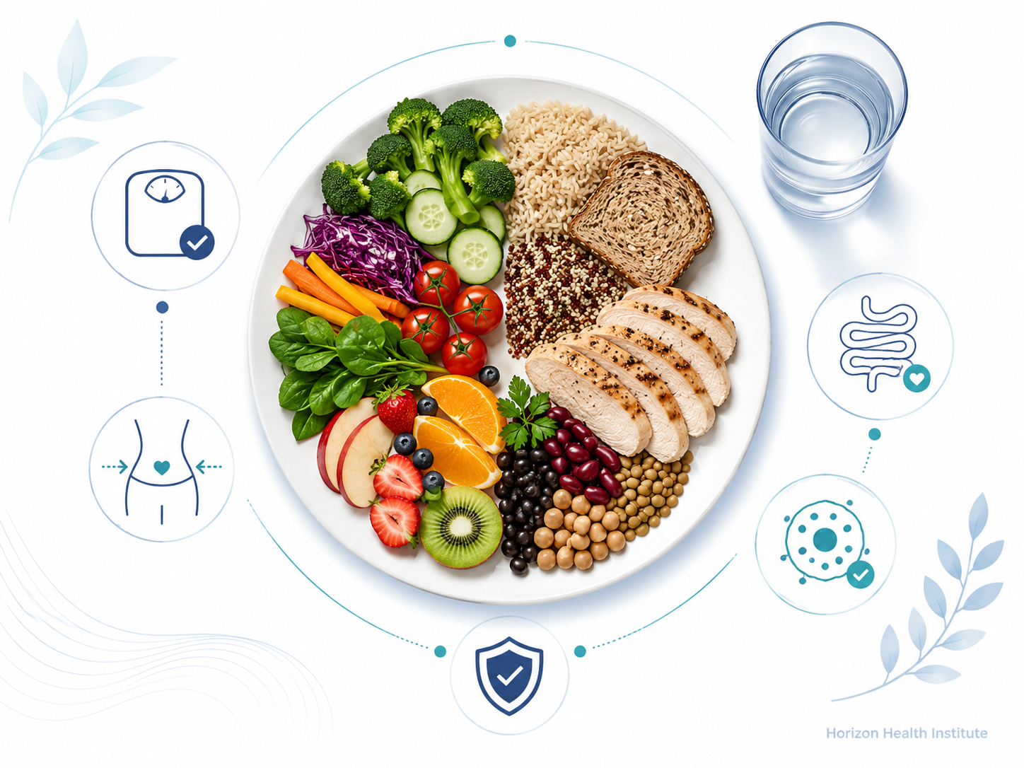 A balanced healthy plate with vegetables, whole grains, lean protein, and fruit for cancer prevention education