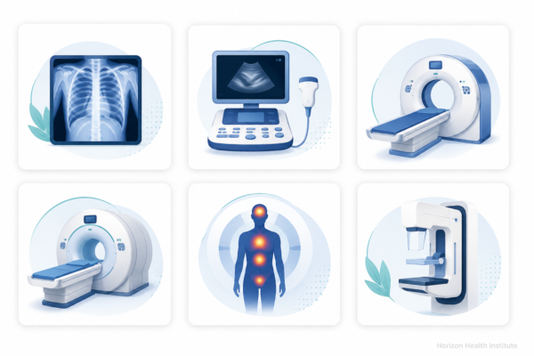 Medical illustration of imaging tests used in cancer diagnosis including CT, MRI, PET scan, ultrasound, X-ray, and mammography