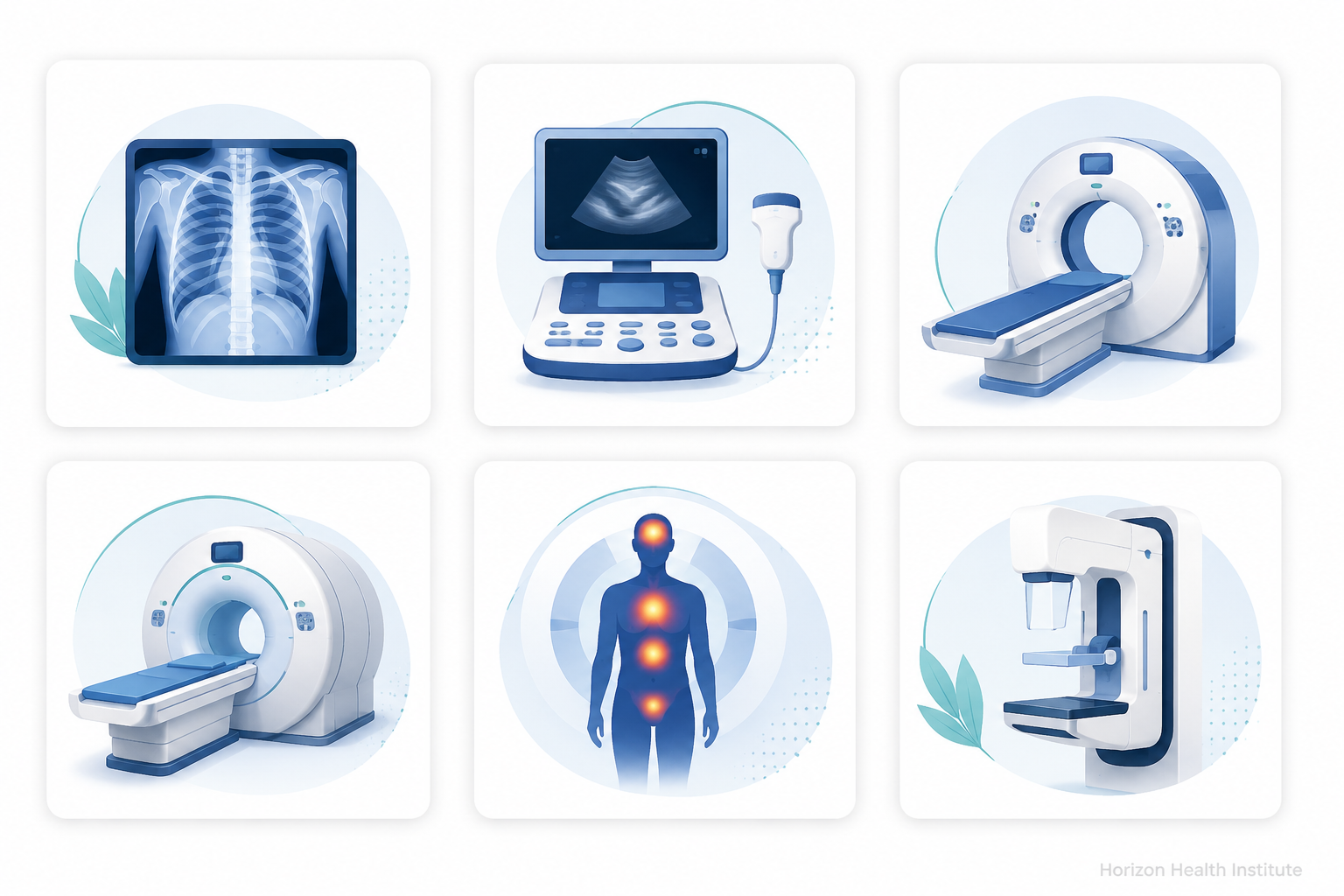 Medical illustration of imaging tests used in cancer diagnosis including CT, MRI, PET scan, ultrasound, X-ray, and mammography