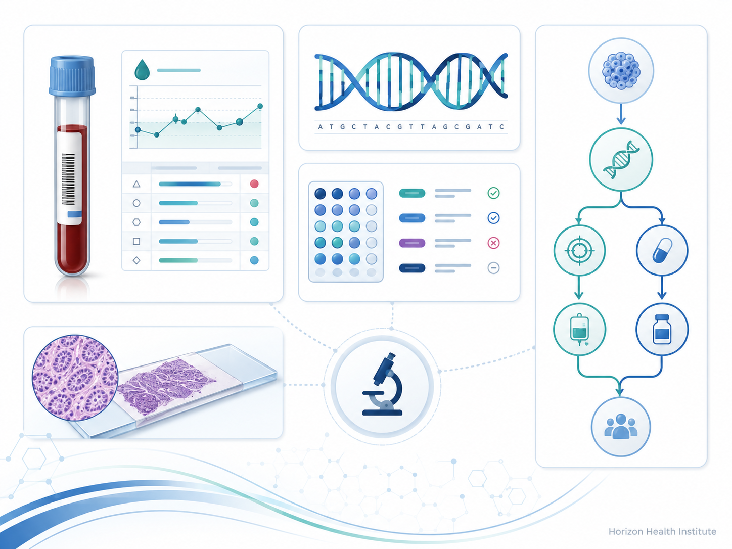 Medical illustration of cancer lab tests, tumor markers, DNA biomarkers, and molecular testing