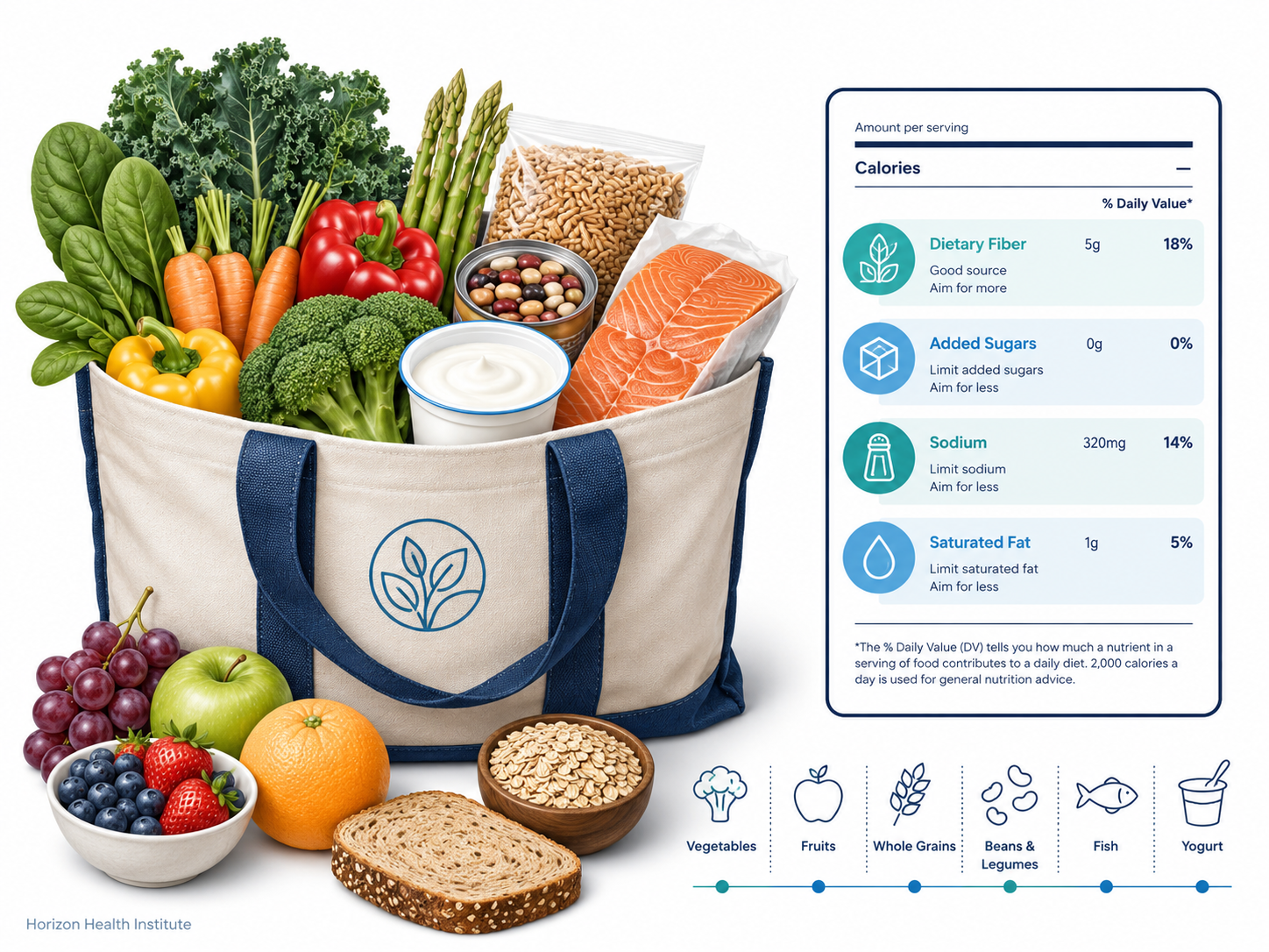 A grocery basket and Nutrition Facts label showing fiber, added sugar, sodium, and saturated fat for healthier food choices