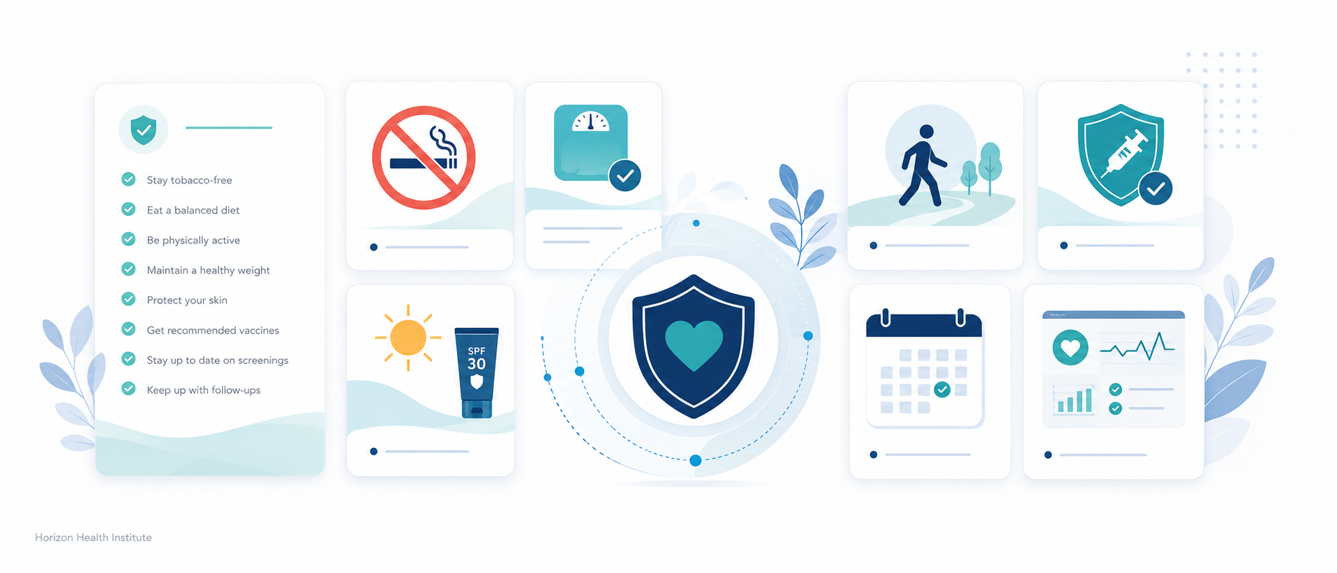 Evidence-based cancer prevention illustration with screening, vaccination, healthy lifestyle, and medical follow-up icons.
