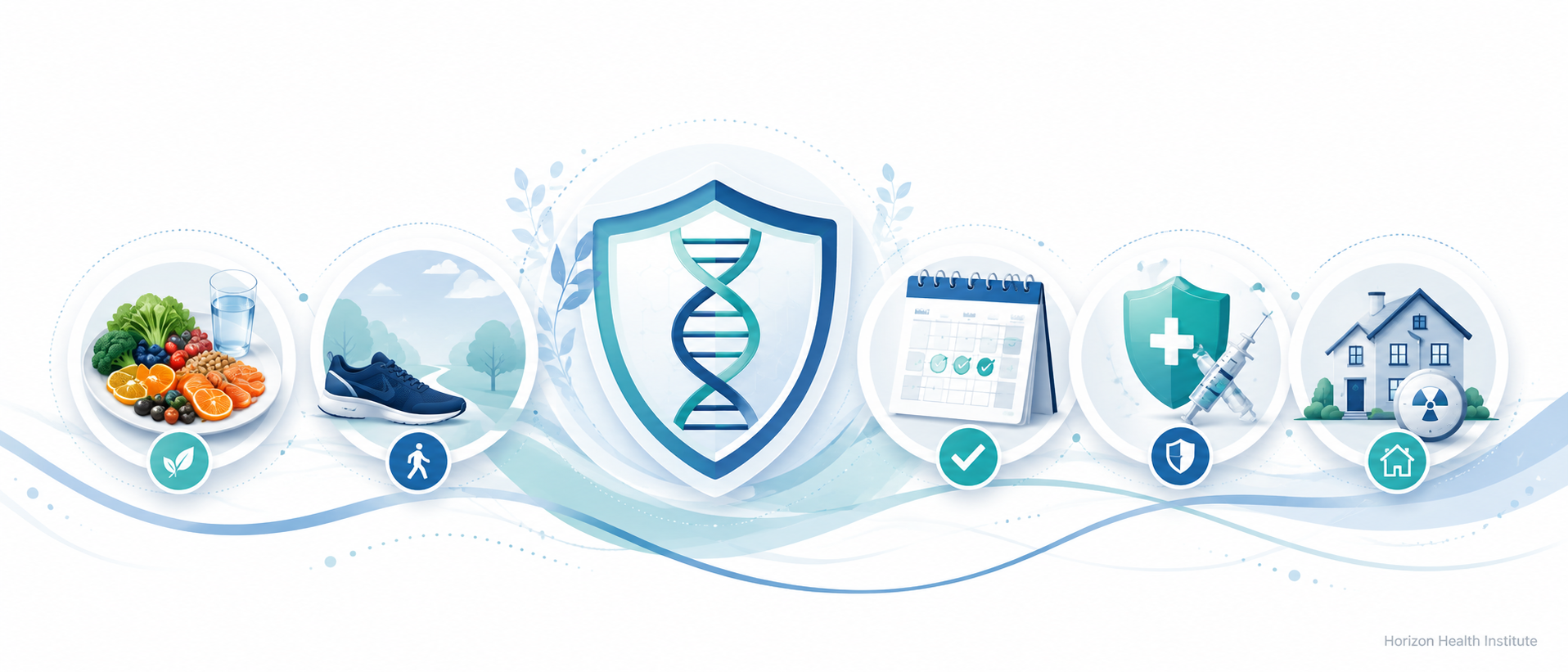 Cancer prevention illustration showing healthy lifestyle, screening, vaccination, sun protection, and home safety icons