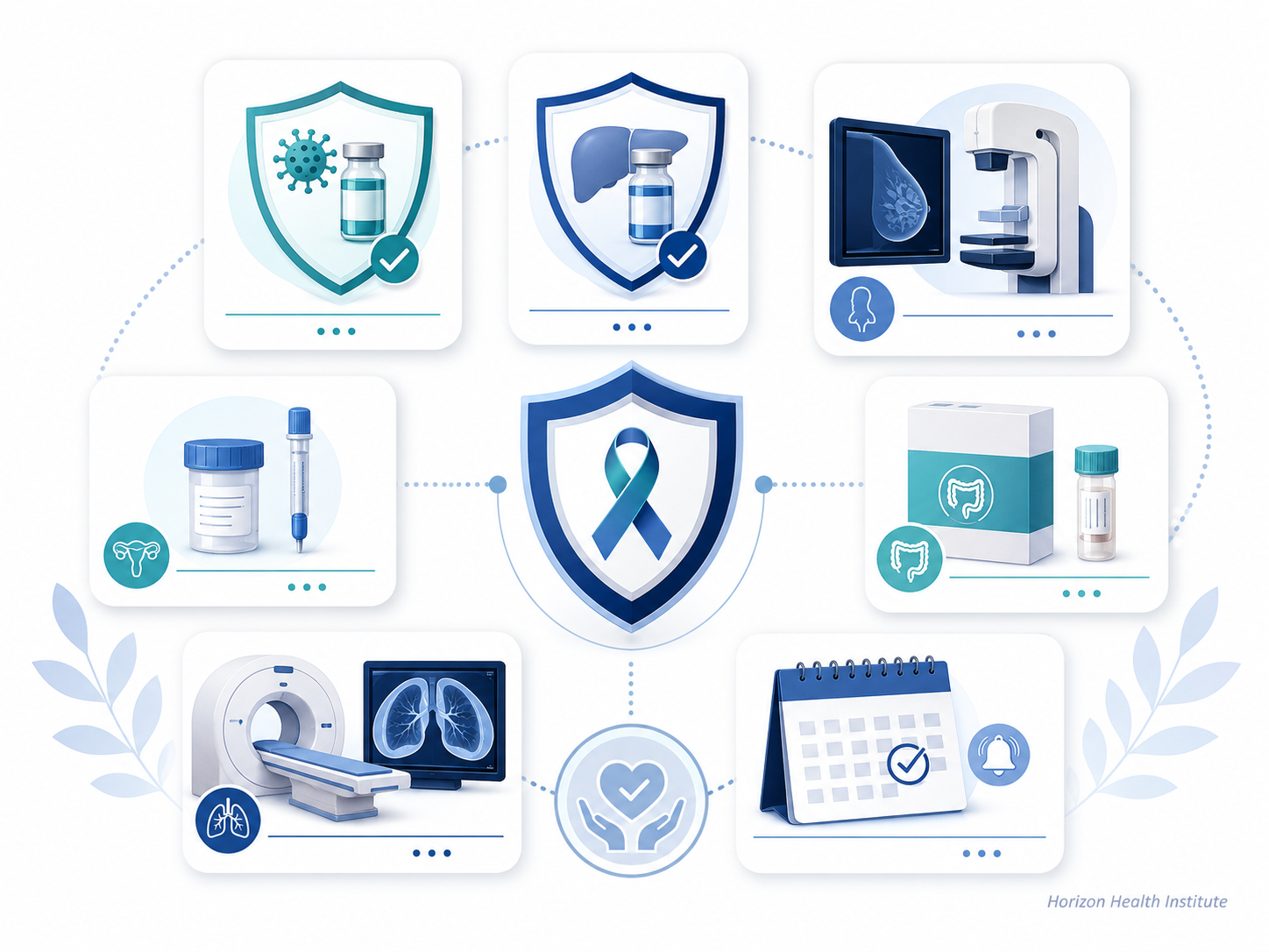 Cancer prevention illustration showing vaccination, screening tests, imaging, and follow-up calendar.