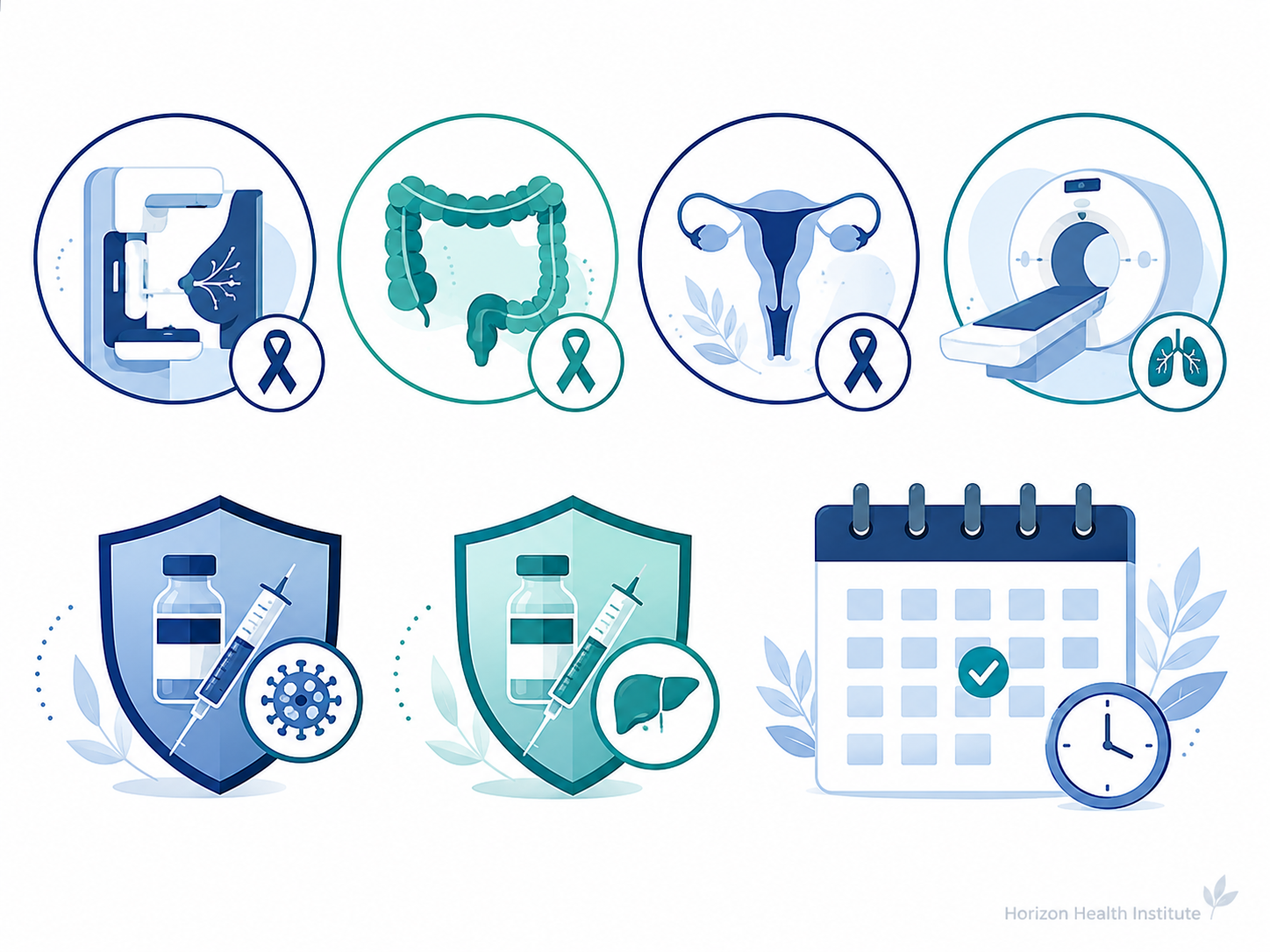 Cancer screening and vaccination illustration with mammogram, colon screening, cervical screening, lung CT, HPV vaccine, hepatitis B vaccine, and calendar icons