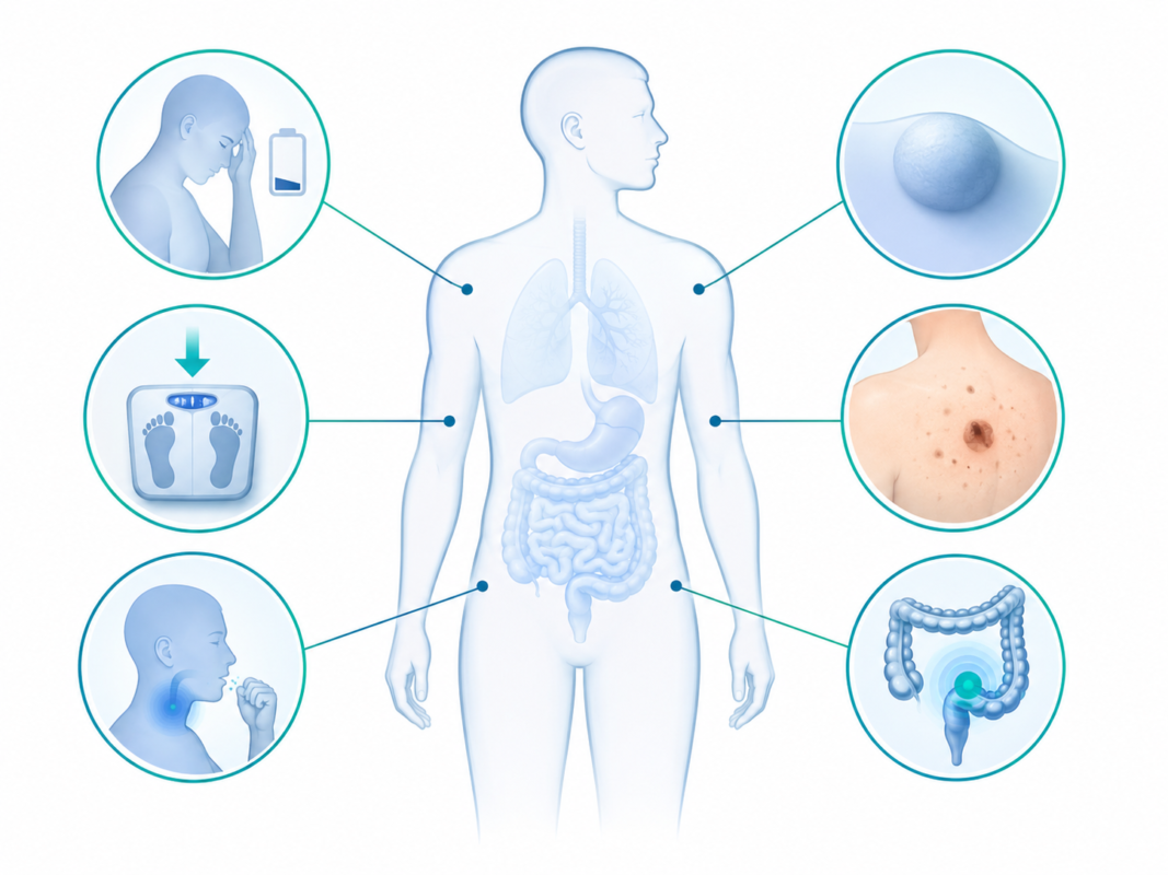 Cancer warning signs by body area including breast skin bowel bladder and lung symptoms