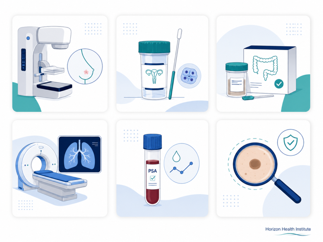 Common cancer screening tests including mammogram, Pap and HPV test, colon screening, lung CT scan, PSA blood test, and skin check.