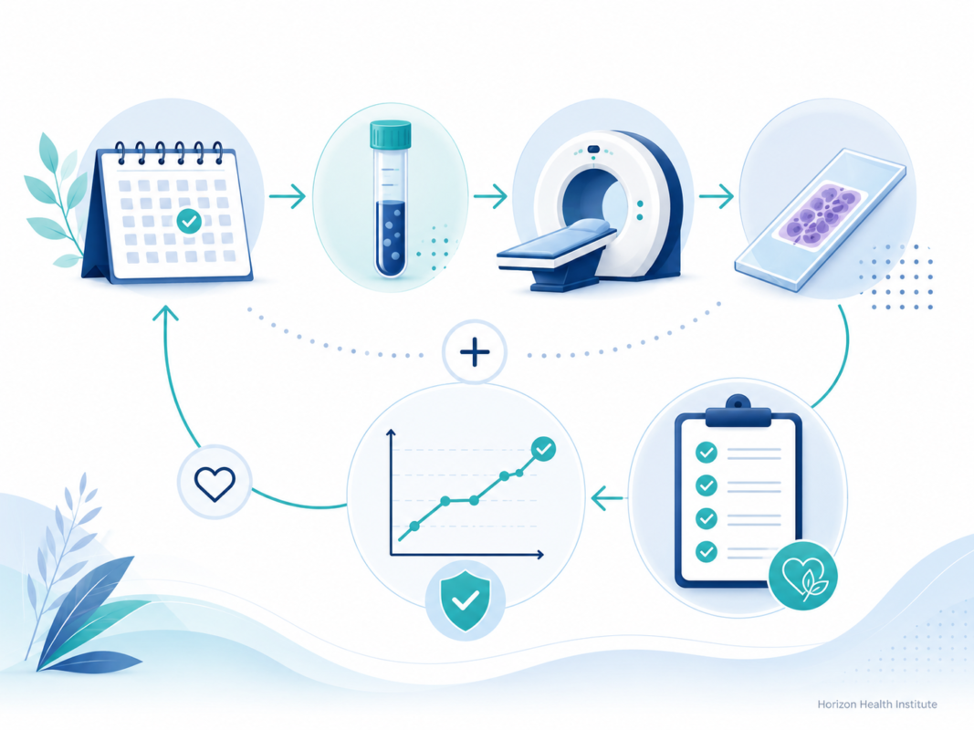 Early cancer detection and follow-up care illustration with screening imaging lab testing and monitoring icons