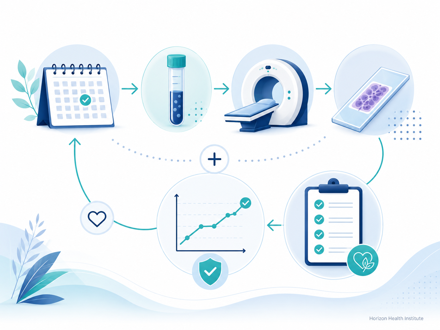 Early cancer detection and follow-up care illustration with screening imaging lab testing and monitoring icons