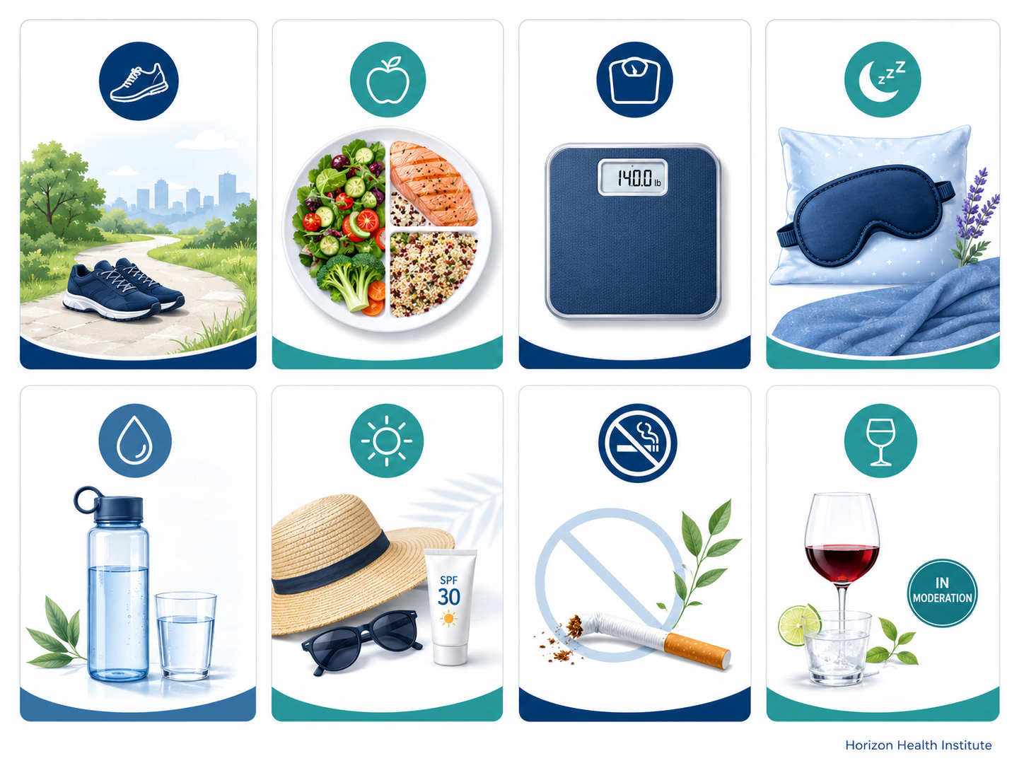 Healthy lifestyle habits for cancer prevention including physical activity, balanced diet, sun protection, and tobacco avoidance