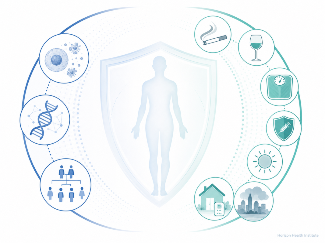 Medical illustration showing age, genetics, tobacco, alcohol, obesity, infections, UV exposure, radon, and pollution as cancer risk factors