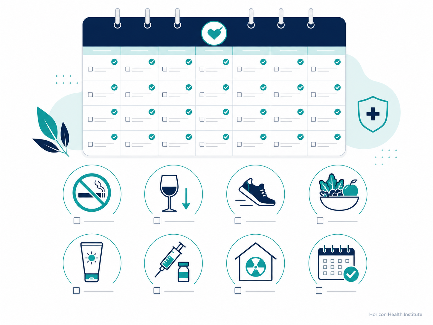 Monthly cancer prevention checklist with icons for tobacco avoidance, alcohol reduction, walking, healthy meals, sunscreen, vaccines, radon testing, and screening