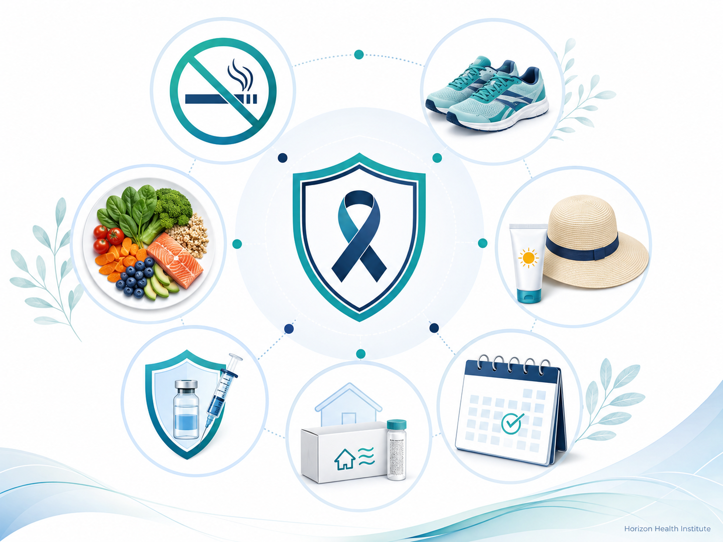 Practical cancer prevention habits including no tobacco, physical activity, healthy food, sun protection, vaccines, radon testing, and screening