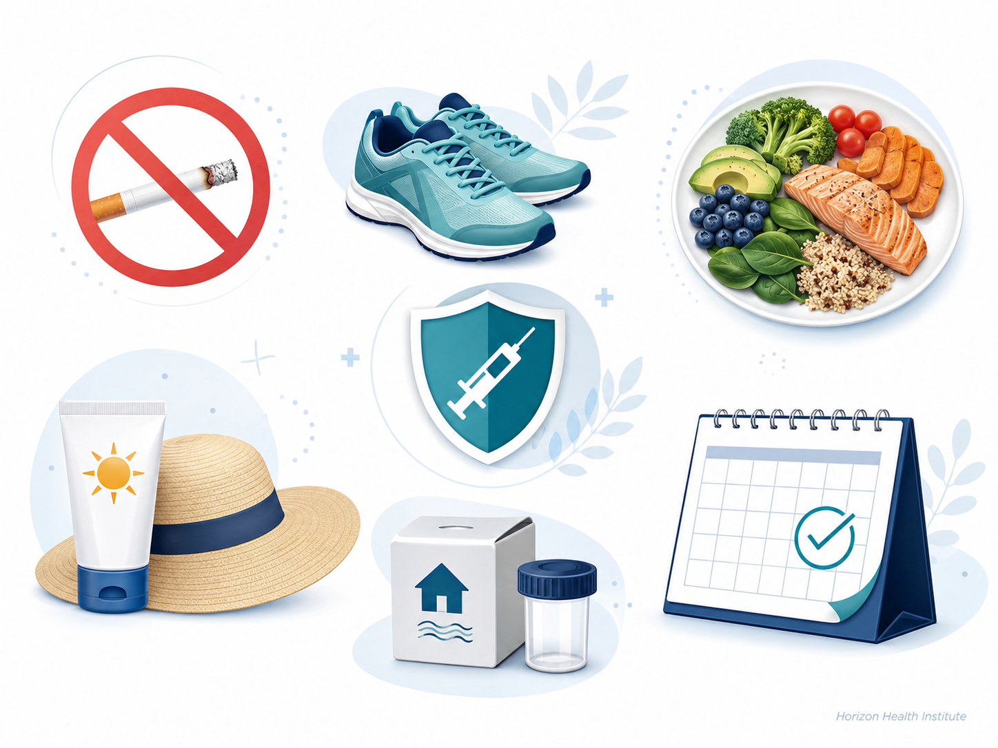 Cancer prevention habits including no tobacco, exercise, healthy food, sun protection, vaccination, radon testing, and screening