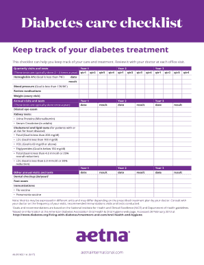 Diabetes monitoring calendar — annual and quarterly schedule showing when each diabetes test and exam should be completed throughout the year