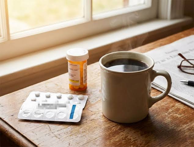 Coffee cup next to blood pressure monitor — caffeine and blood pressure relationship