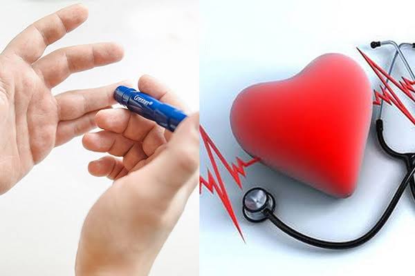 Diabetes and heart disease connection — blood glucose monitor beside a heart health diagram
