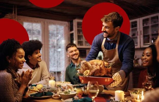 holiday eating and blood sugar — festive table with roasted turkey, vegetables, and minimal processed sides