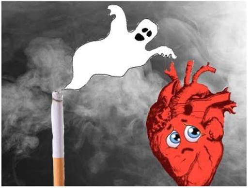 Smoking and heart disease risk — cigarette smoke damaging arteries and cardiovascular system illustration