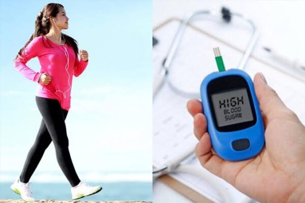 blood sugar and exercise — adult with diabetes checking blood glucose on a finger-stick meter before an outdoor walk with running shoes on and a diabetes monitoring device on their arm