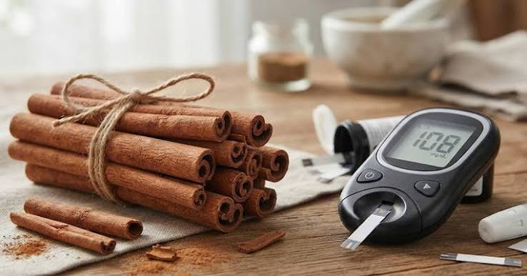cinnamon sticks and powder with a blood glucose meter on a wooden surface