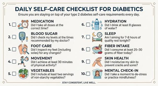 diabetes care checklist showing A1c blood pressure kidney test and foot exam items for annual monitoring