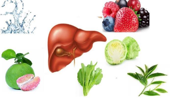 Liver health grocery shopping including extra-virgin olive oil, oily fish, walnuts, leafy greens, green tea, coffee, legumes and cruciferous vegetables