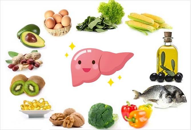 Liver health grocery shopping including extra-virgin olive oil, oily fish, walnuts, leafy greens, green tea, coffee, legumes and cruciferous vegetables