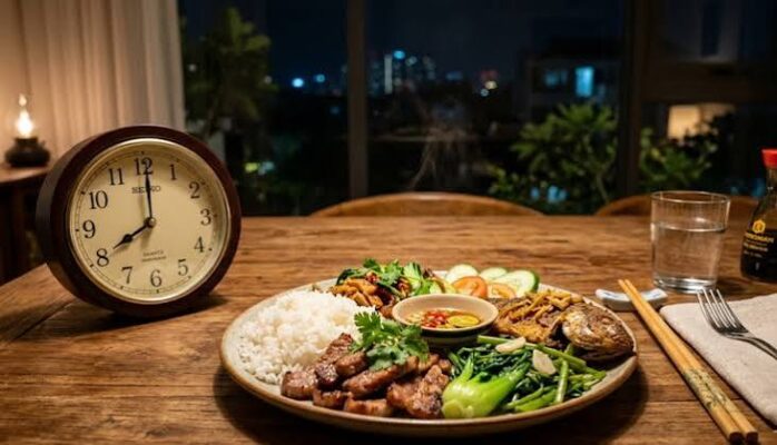Clock and meal schedule showing optimal meal timing aligned with circadian digestive rhythms for better gut health