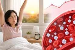 poor sleep and blood sugar — tired adult with elevated morning glucose reading