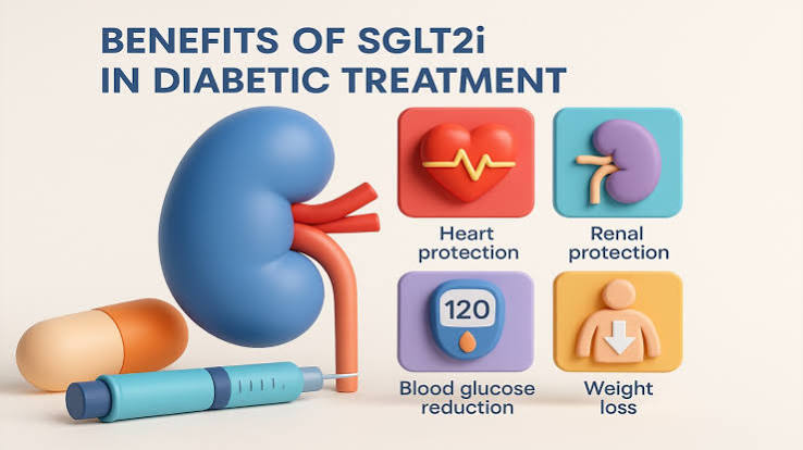 SGLT2 inhibitors and kidney health — diagram showing how dapagliflozin, empagliflozin, and canagliflozin block the SGLT2 transporter in the proximal tubule to reduce intraglomerular pressure and protect kidney function in CKD
