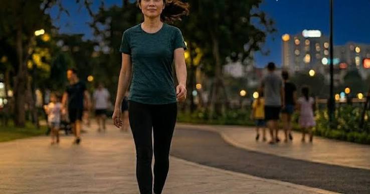 walking after meals for blood sugar — adult with diabetes in casual clothing walking at a moderate pace on a sidewalk approximately 20 minutes after finishing a meal with a CGM visible on their arm