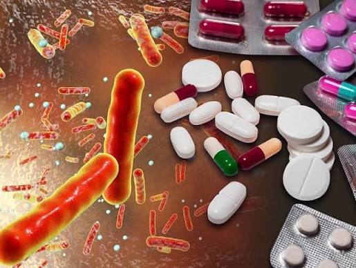 Diagram showing how antibiotics disrupt the gut microbiome by reducing bacterial diversity and allowing C. difficile to proliferate when competing bacteria are suppressed