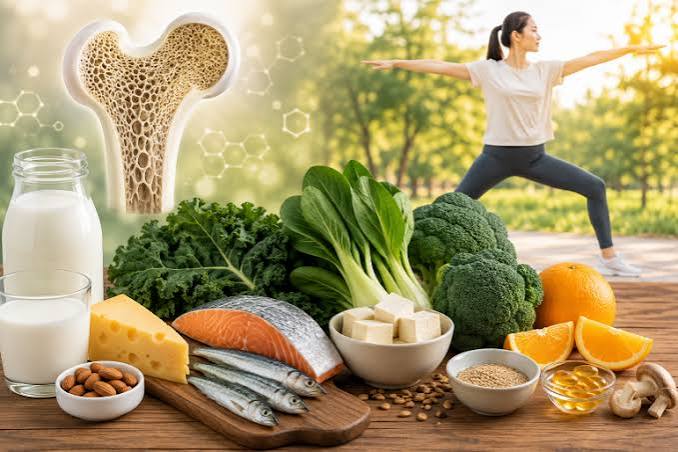 How to support bone health naturally showing a plate of calcium-rich foods including dairy leafy greens and fish alongside a person doing resistance training with weights representing the combined nutritional and exercise approach to maintaining bone density