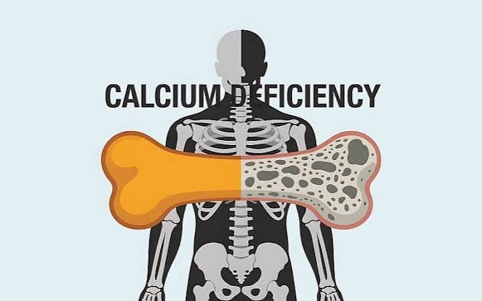 Calcium and bone health illustration showing hydroxyapatite crystal structure in compact bone alongside dietary sources of calcium including dairy milk yoghurt cheese fortified plant milk tinned sardines tofu kale and almonds with the calcium content per serving displayed