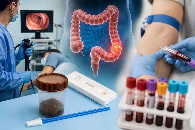 Doctor reviewing colon cancer screening options with a patient, including pamphlets showing colonoscopy and stool-based test options for colorectal cancer screening