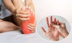 Numbness and tingling in arms or legs — adult touching forearm showing sensory symptoms from peripheral neuropathy or nerve compression