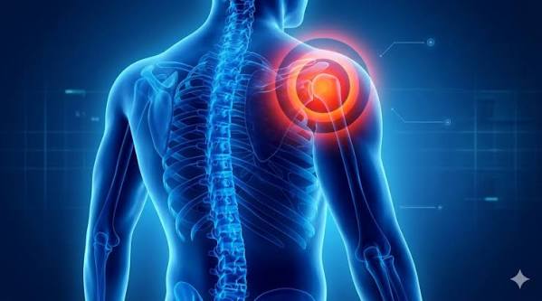Frozen shoulder adhesive capsulitis illustration showing thickened contracted glenohumeral joint capsule with severely restricted external rotation range of movement compared to a normal shoulder anatomy diagram