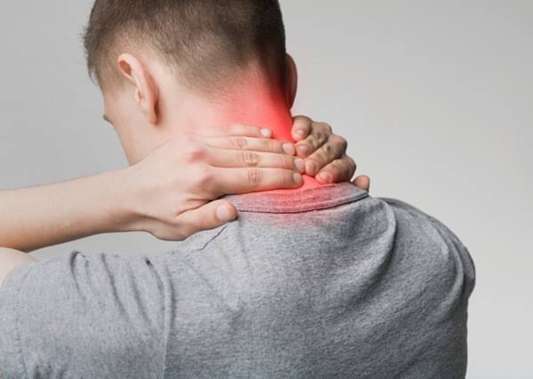 Neck pain common causes and self-care basics — illustration showing cervical spine anatomy disc herniation nerve root compression and postural strain