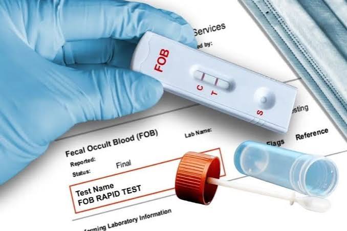 Home colon cancer stool-based screening test kit including FIT tube and collection device, showing the stool sample collection process for at-home colorectal cancer screening